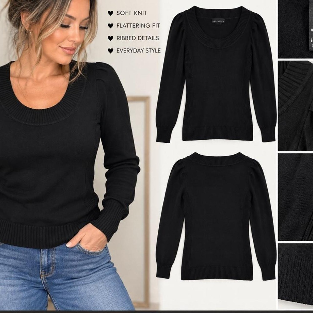 Attention Black Ribbed Knit Scoop Neck Sweater – Size XS